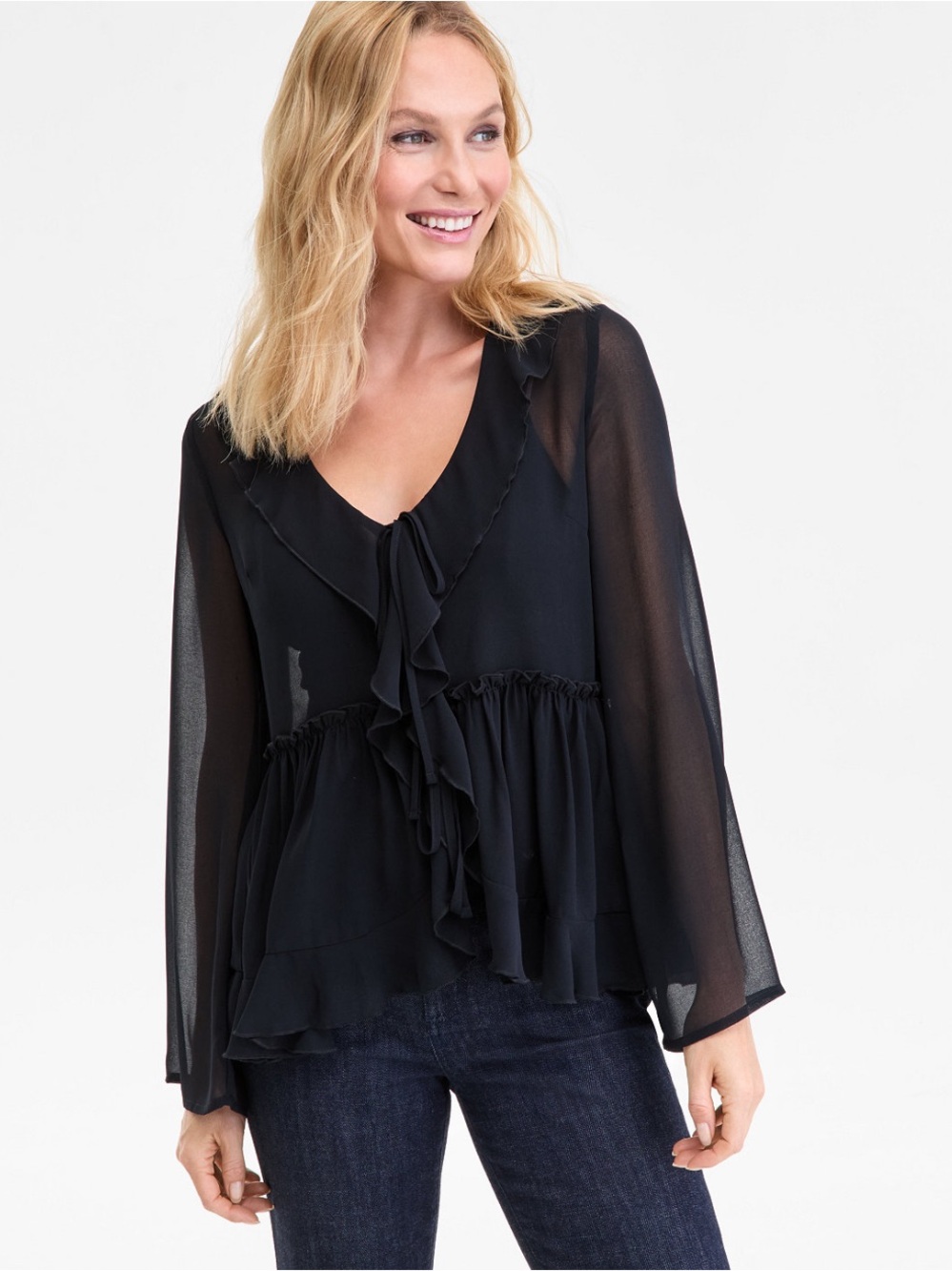 Women's Sheer Black Ruffle Peplum Blouse with Tie Front Bell Sleeves Top Blouse